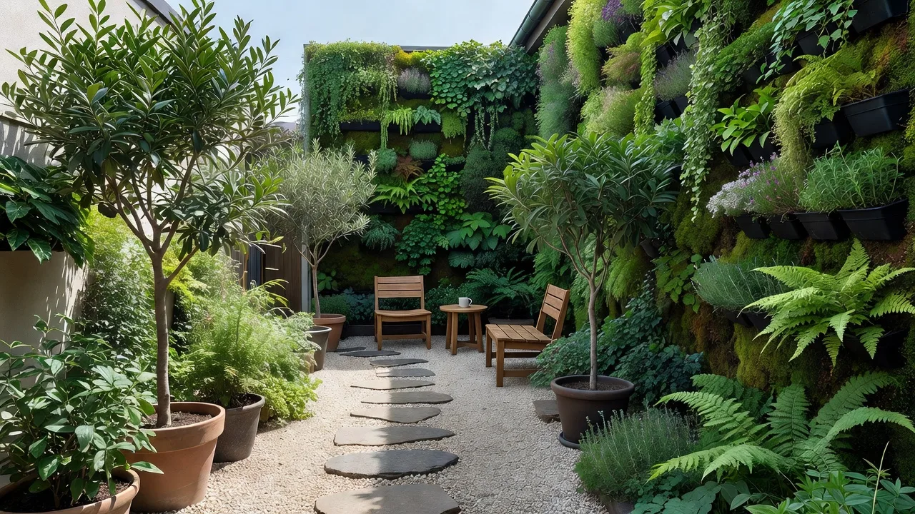 縦型の植栽を活かした動線の整理された側庭